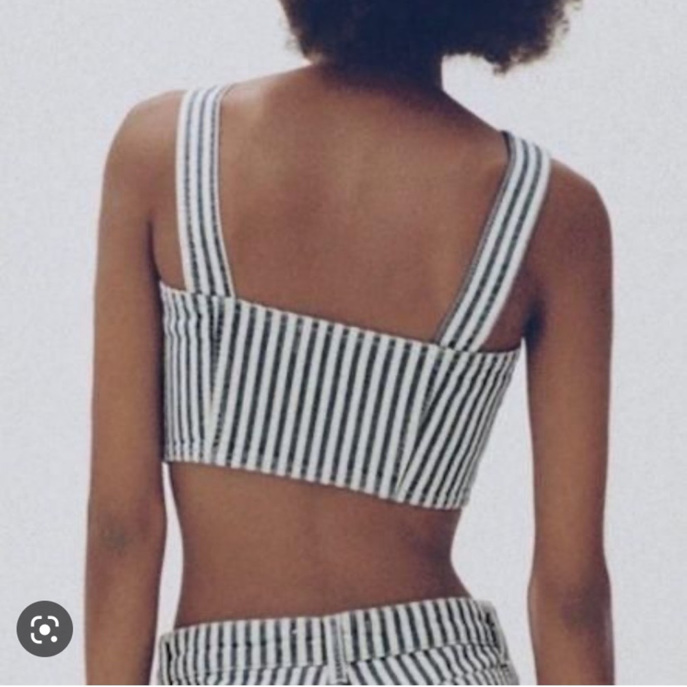 💙 ZARA BLUE IVORY STRIPE DENIM CROP TOP! - Picture 2 of 13